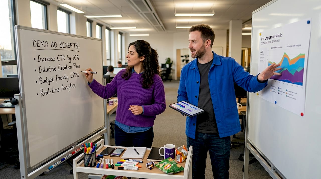 Marketers brainstorming demo ad strategies in workspace