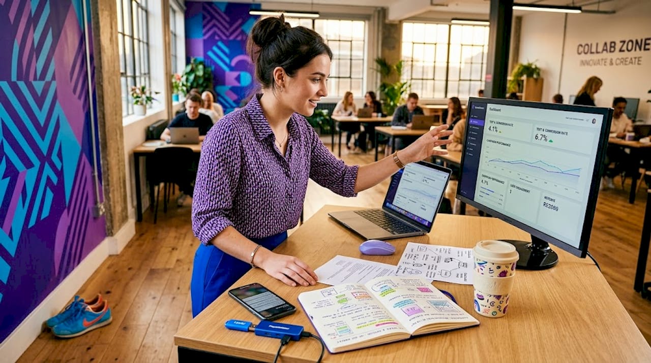 Person testing mobile ad creatives at home office