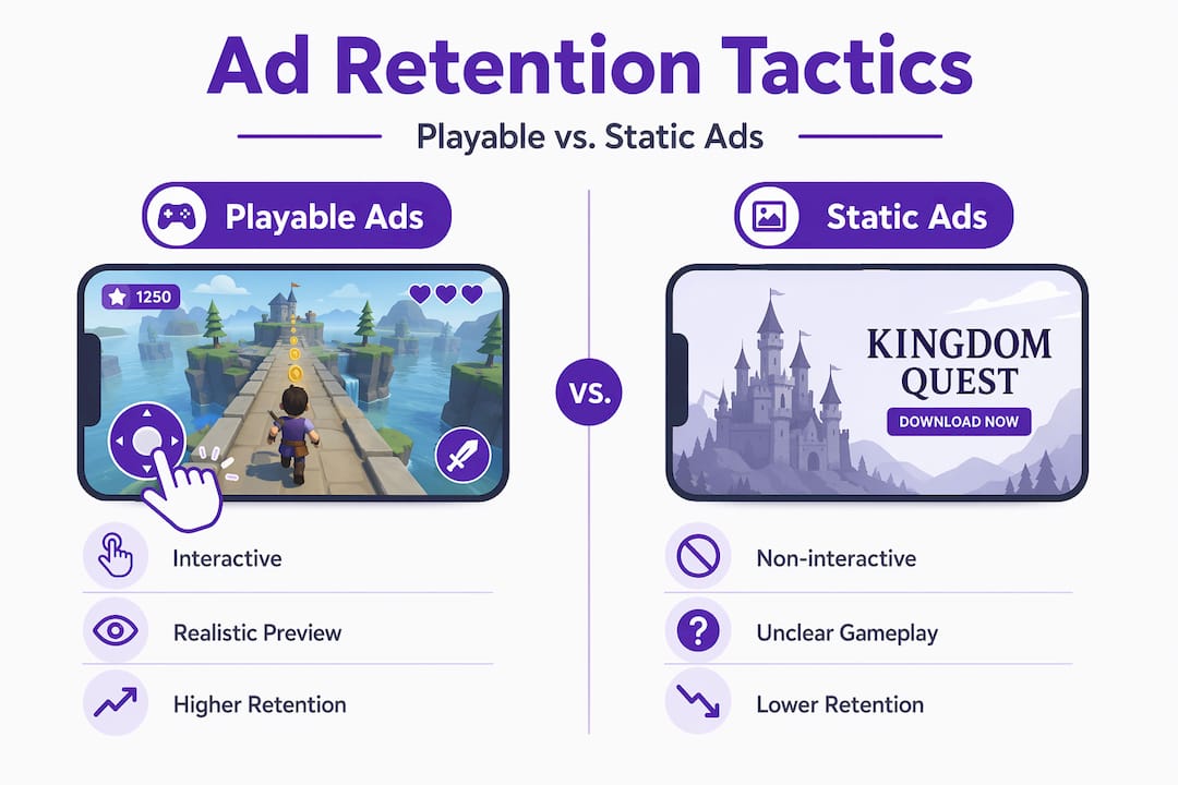 Infographic comparing playable and static ad retention tactics