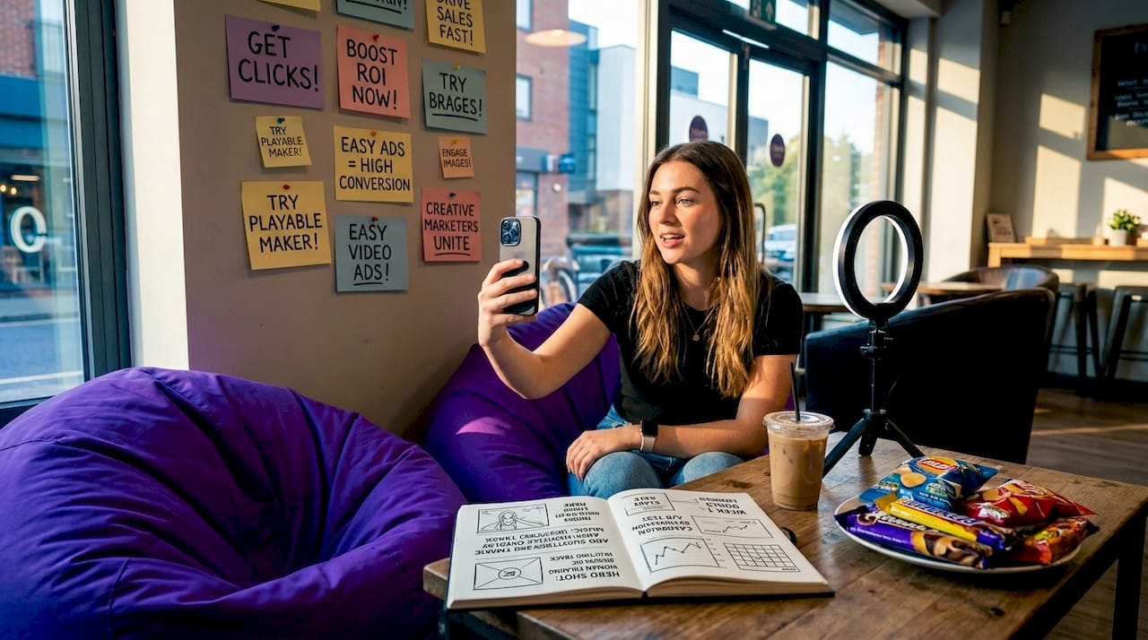 Game marketer filming ad with smartphone at home