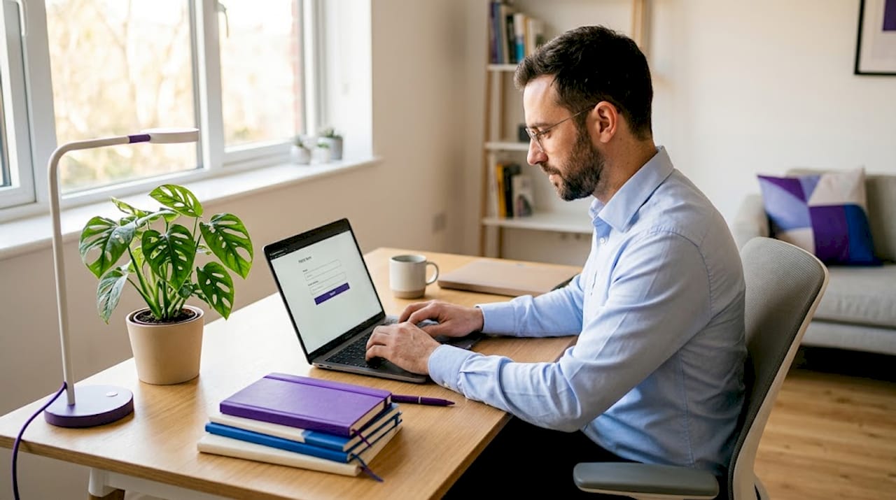 Man completing online form in kitchen workspace