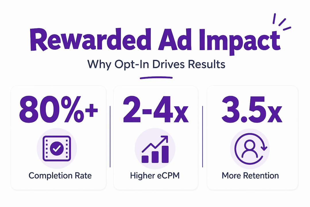Infographic showing completion rate, eCPM, retention for rewarded ads