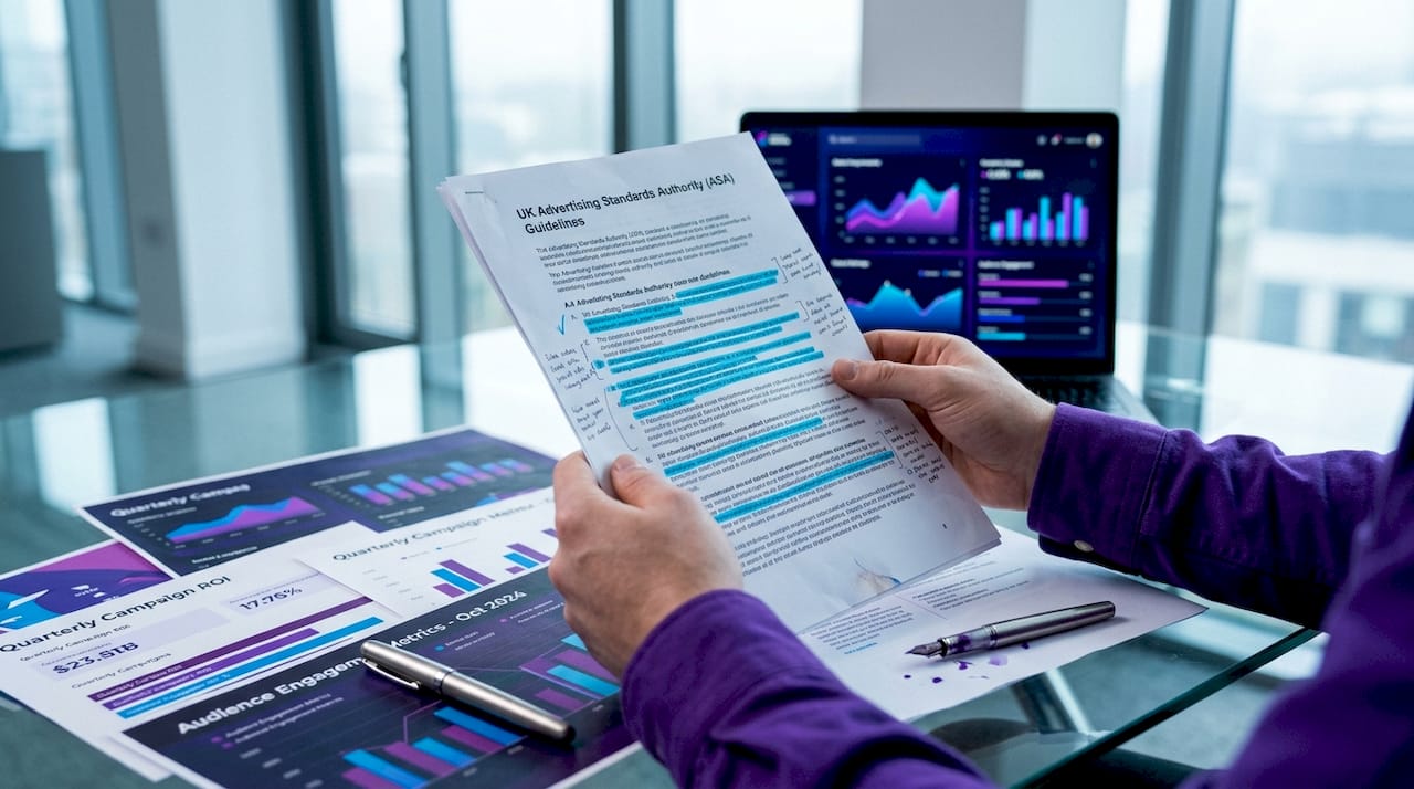 Hands reviewing advertising standards document