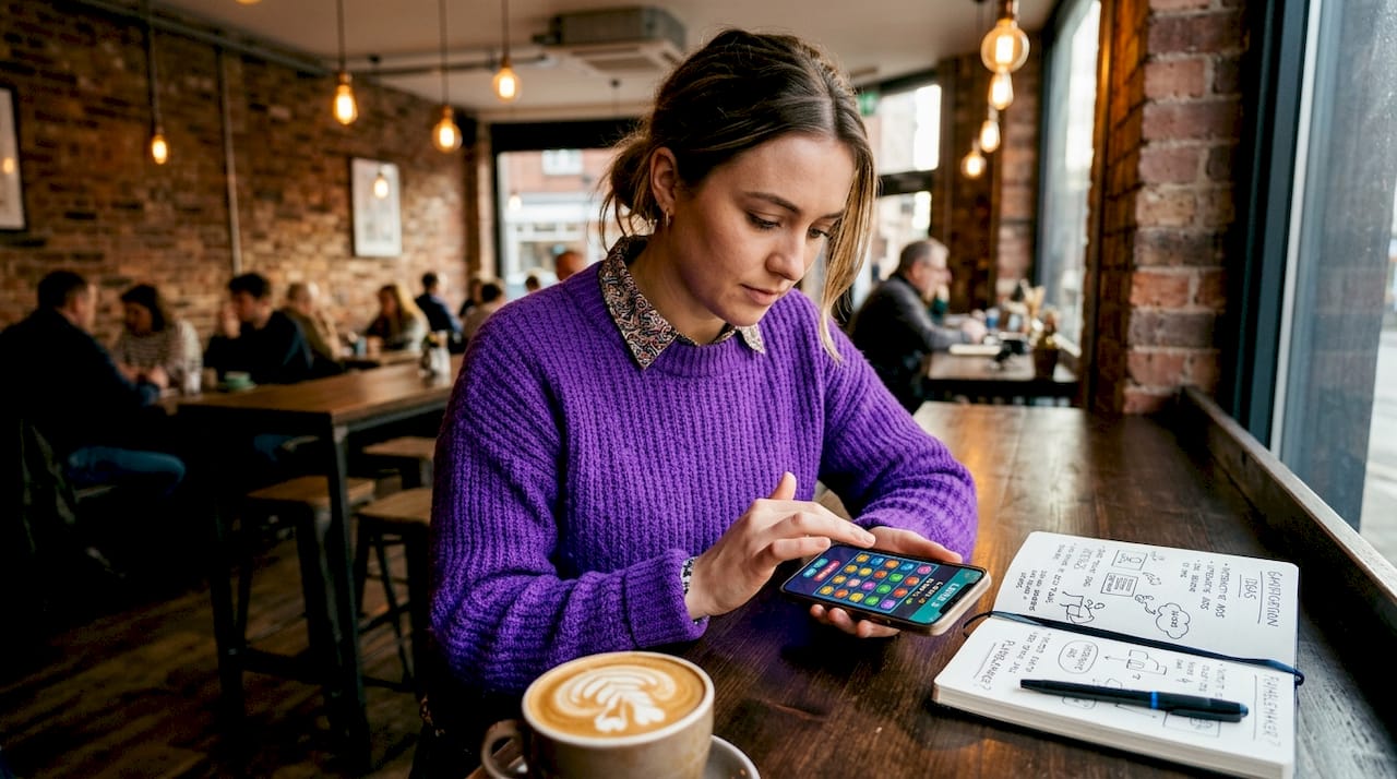 User playing in-ad gameplay on smartphone in café