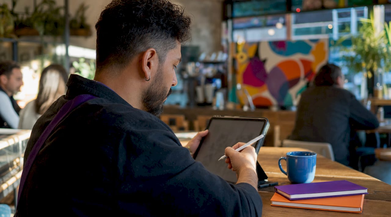 Hands sketching playable ad storyboards on tablet