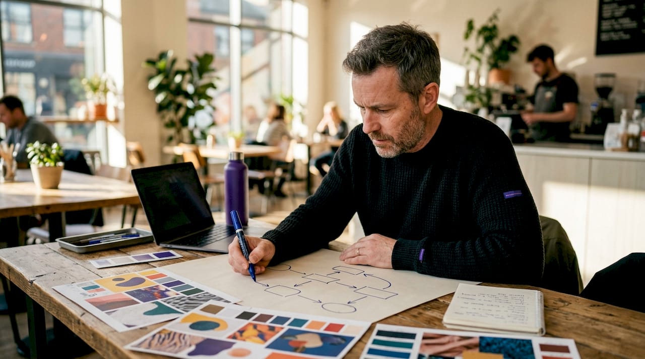 Hands sketching ad user journey map on paper