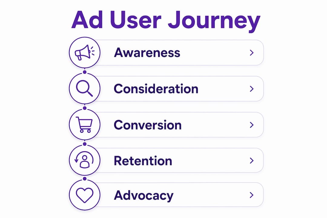 Infographic of ad user journey stages in vertical flow