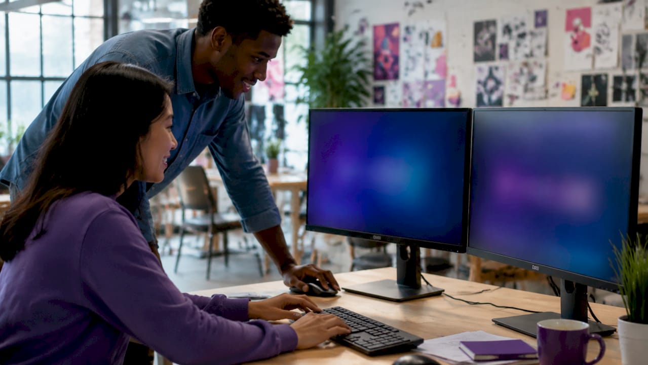 Hands configuring ad platforms on dual monitors