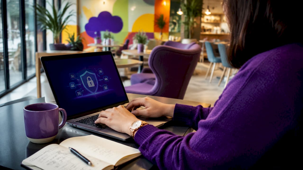 Hands adjusting security settings on laptop keyboard