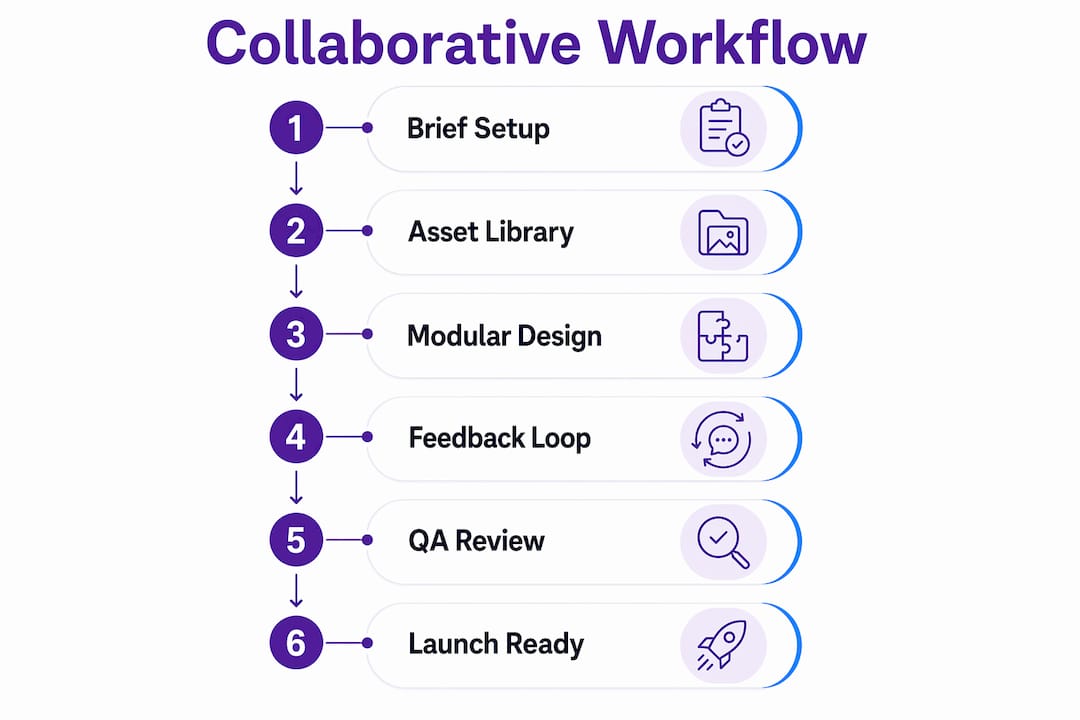 Infographic showing collaborative ad design workflow steps
