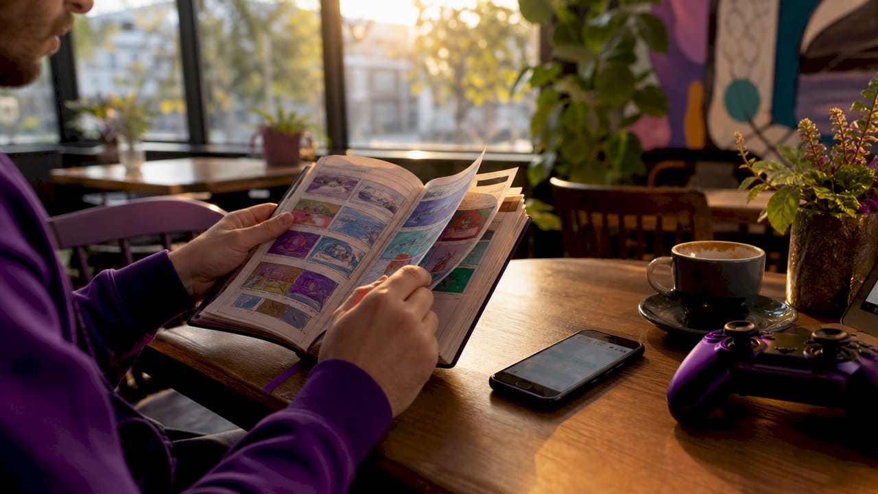 Hands scrolling checklist on smartphone over desk