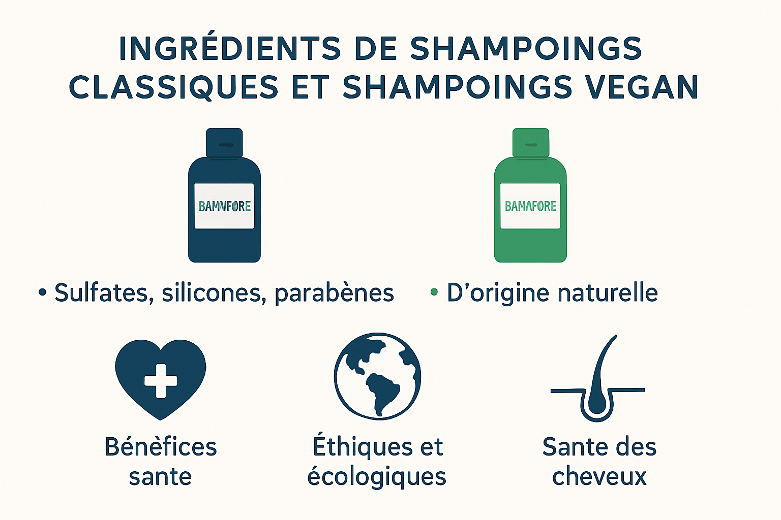 Comparaison visuelle ingrédients et bénéfices shampoing vegan vs classique