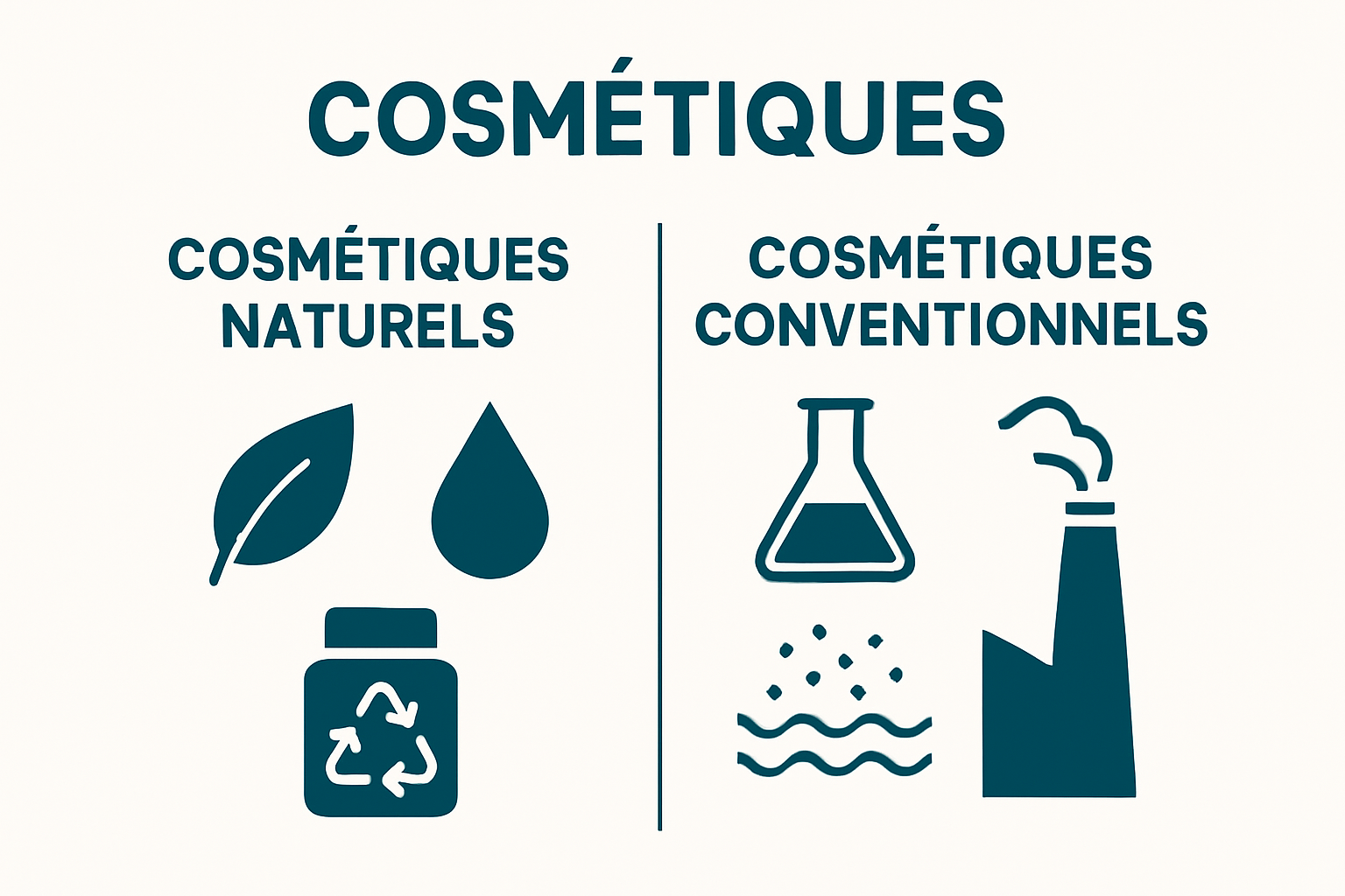 Comparaison visuelle entre cosmétiques naturels et conventionnels avec icônes simples