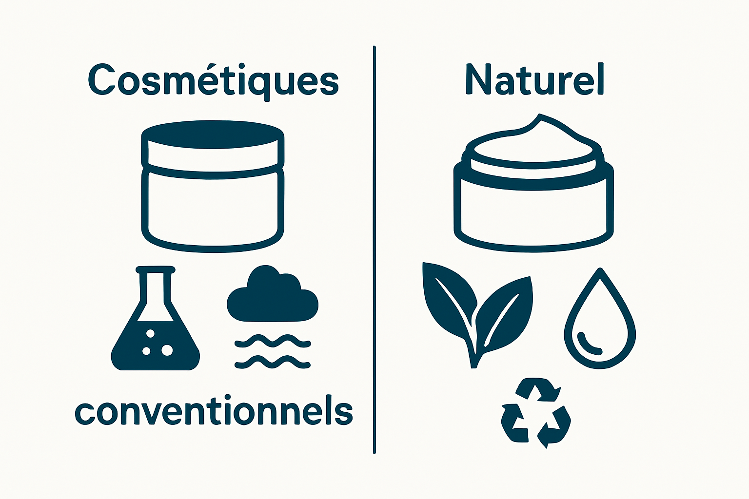 Infographic comparing conventional and natural cosmetics with icons