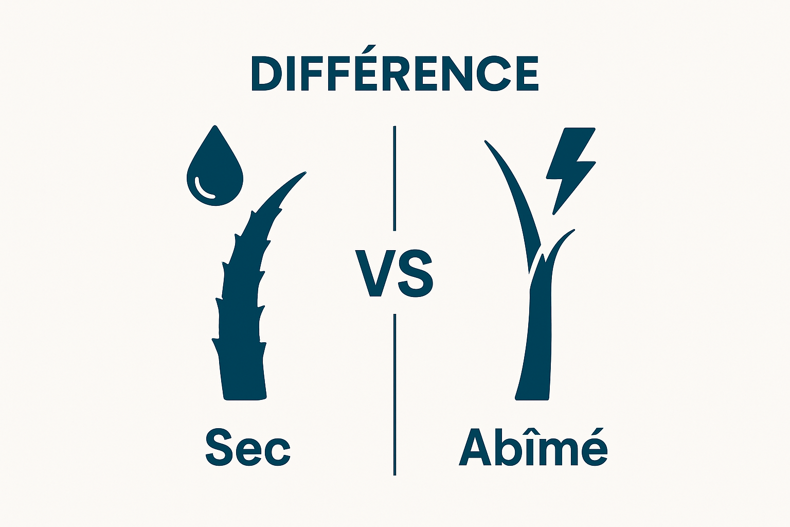 Simple split-screen comparison of dry versus damaged hair strands.