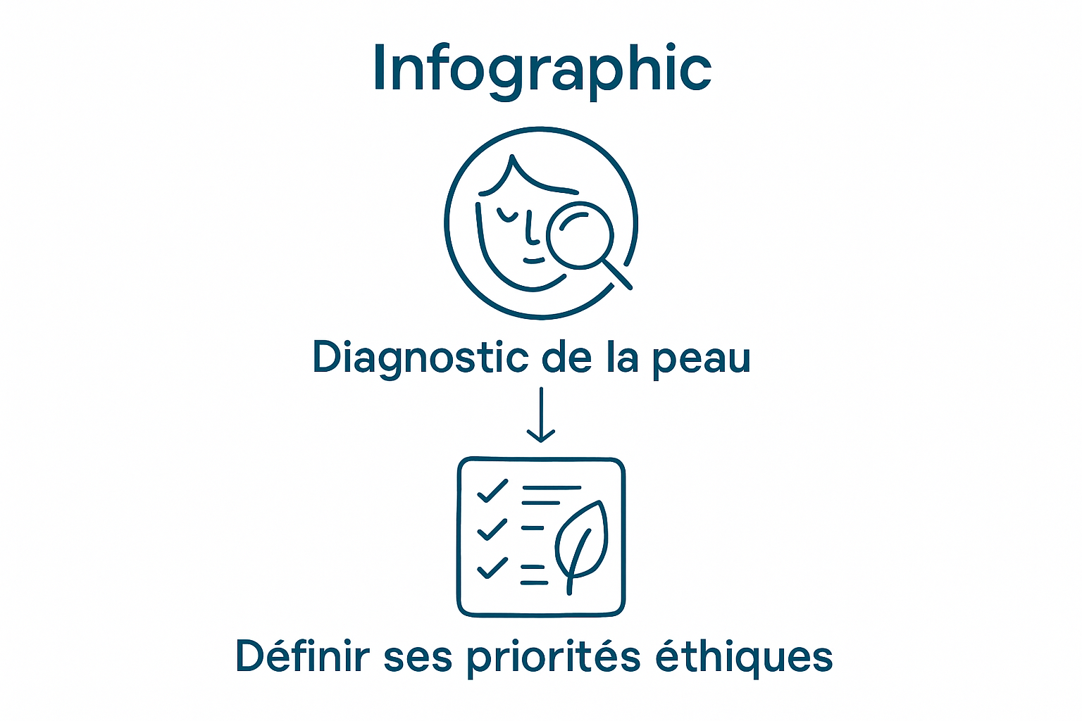 Infographic showing two steps to select eco-responsible cosmetics: skin diagnosis and ethical priorities.