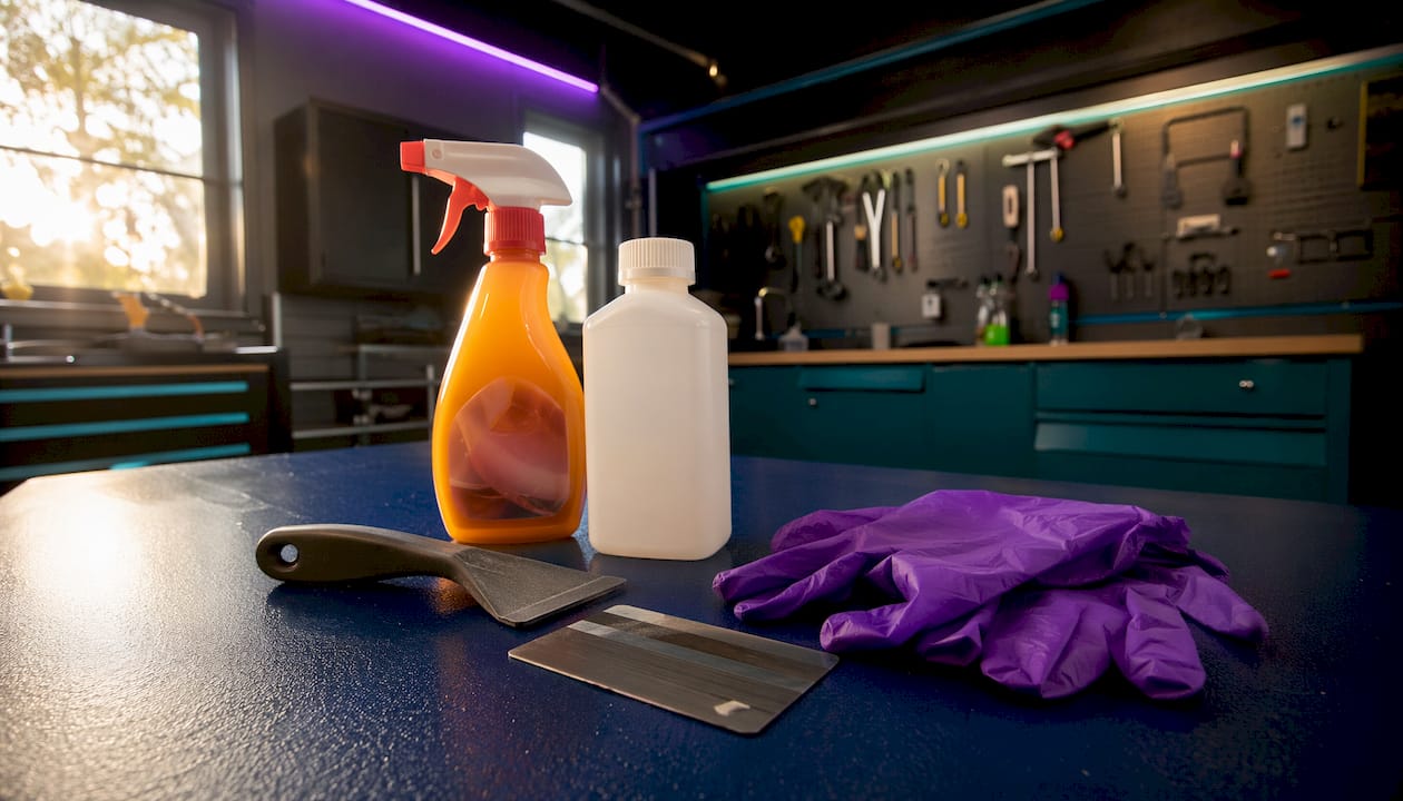 Tools and solvents laid out for adhesive removal