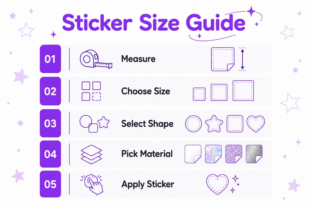 Infographic showing steps to choose laptop sticker size