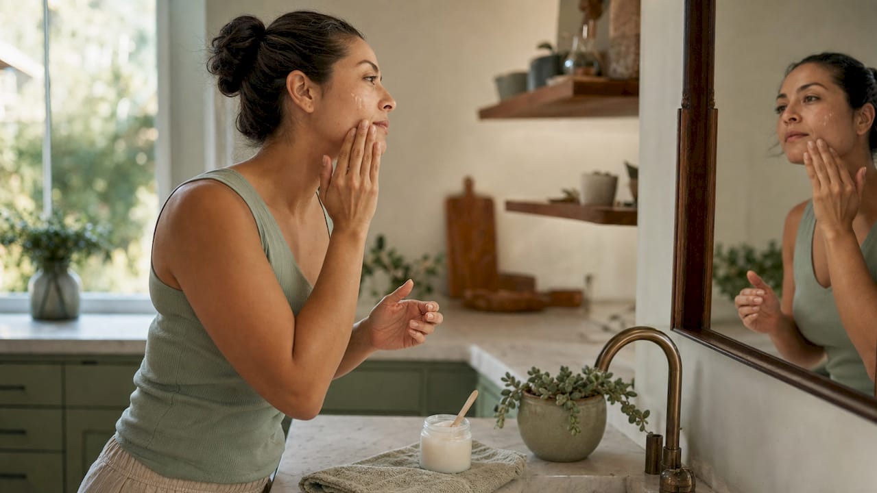 Woman applying peptide serum to face