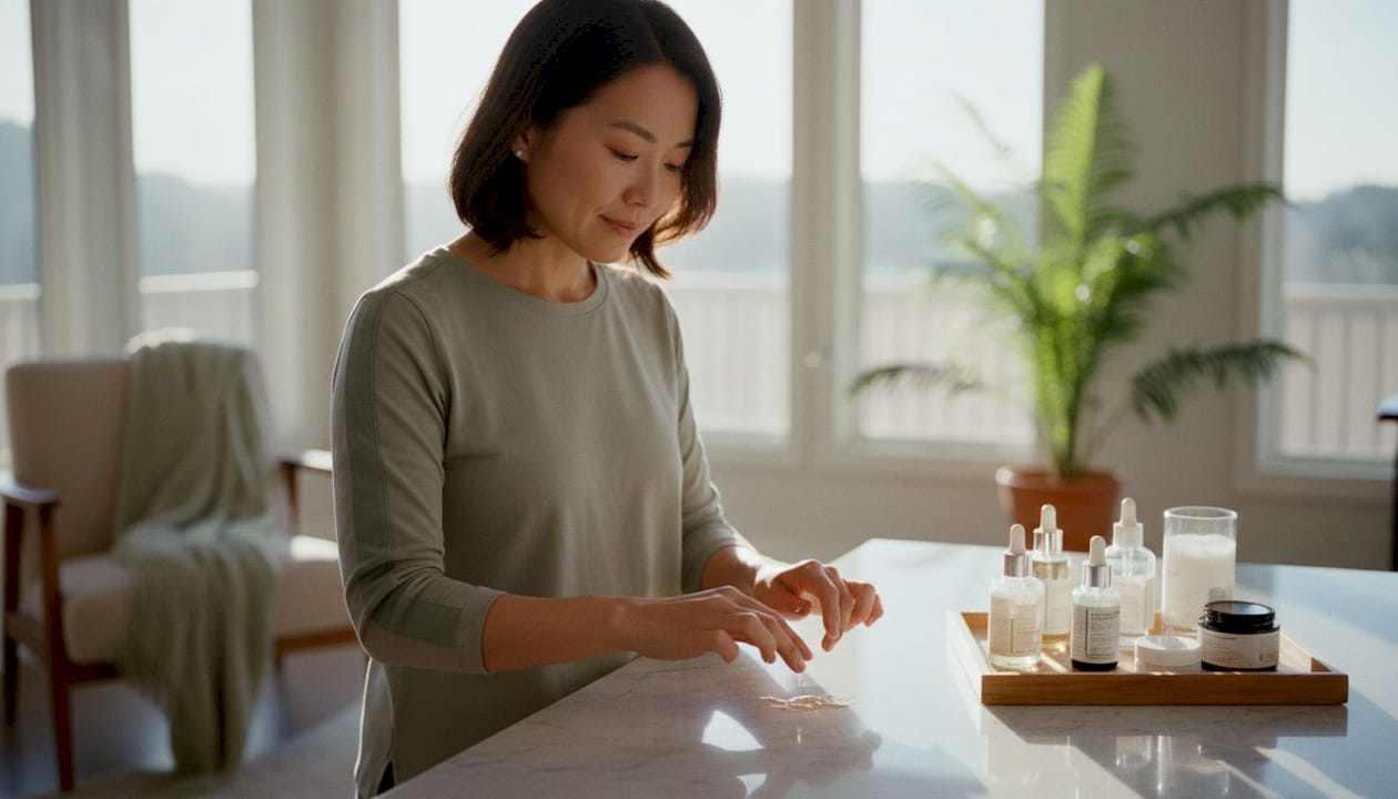 Hands applying vitamin C serum for dark circles