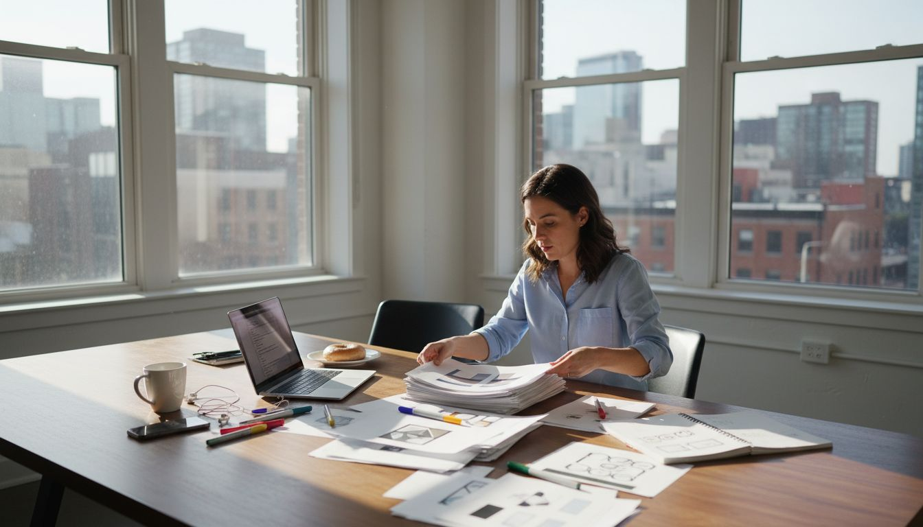 Brand strategist sorting printed logo concepts