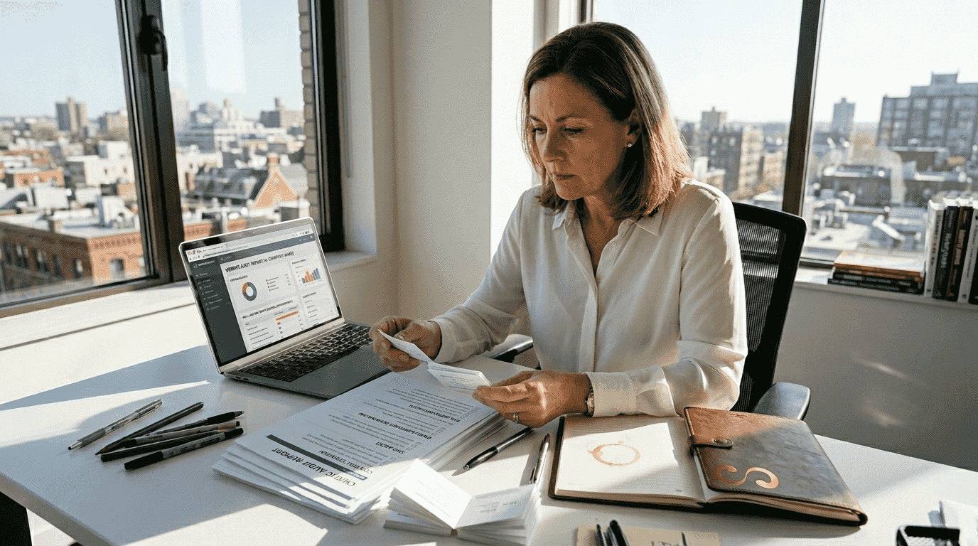 Business owner reviewing digital marketing checklist