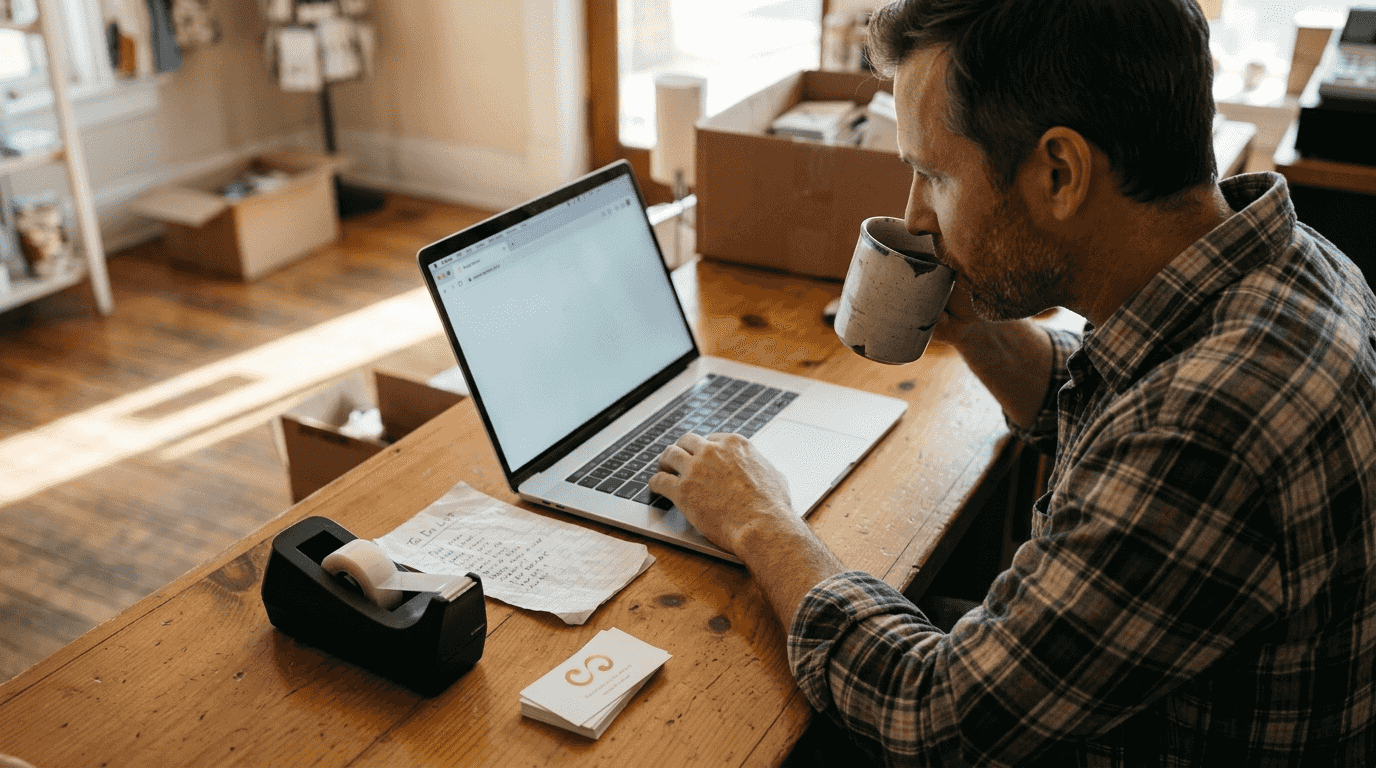 Shop owner updating website on laptop