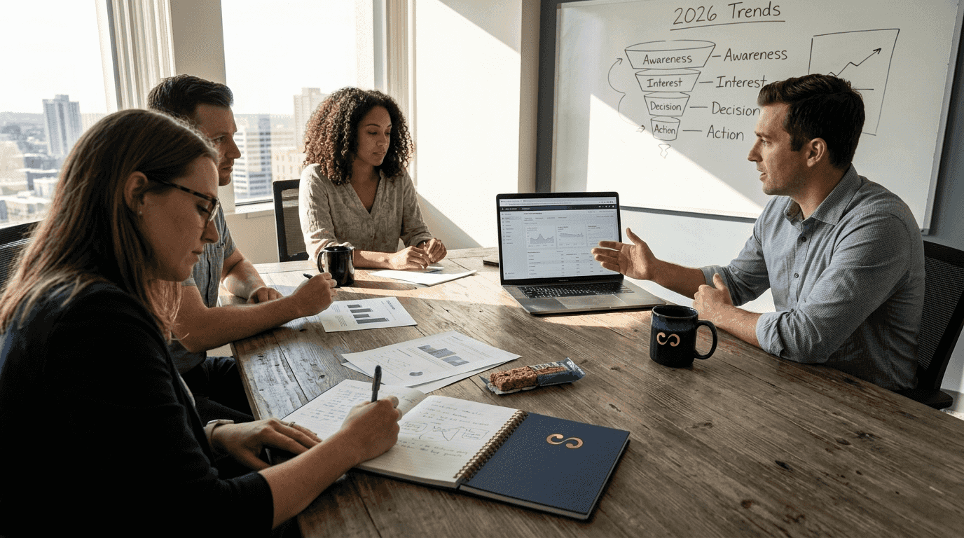 Team reviews strategy in sunlight-filled office