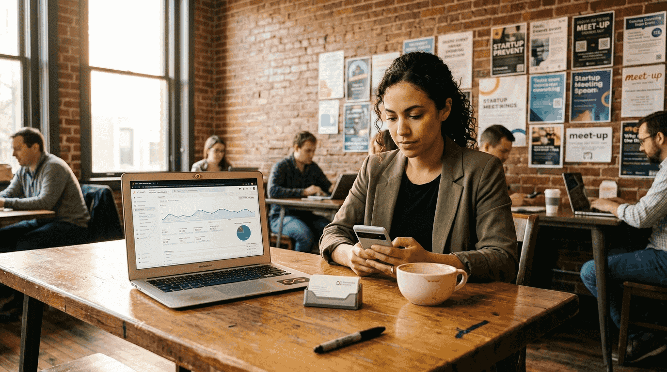 Entrepreneur managing social media in coworking office