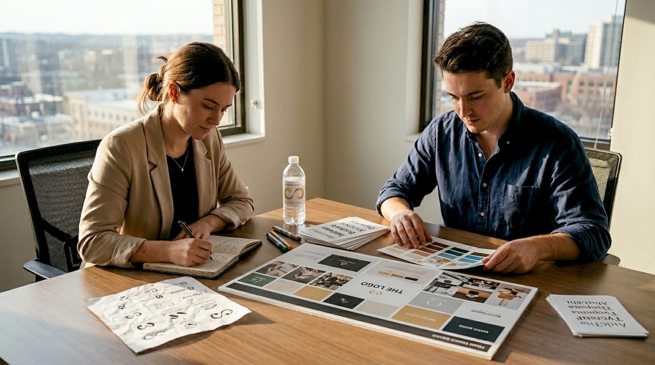 Team collaborating on brand identity design