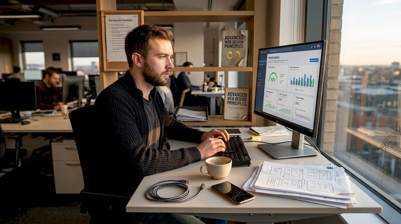 Man optimizing business website at desk