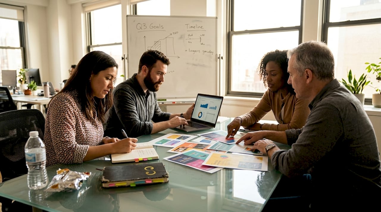 Marketing team reviews graphic design strategies