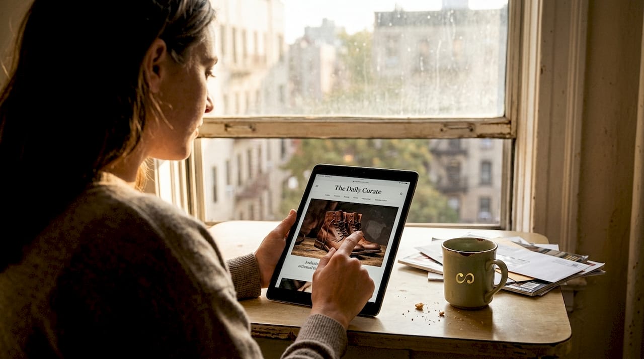 Consumer views engaging visual ad at kitchen table