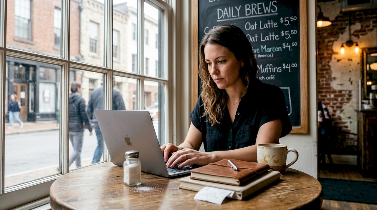 Business owner working near café window