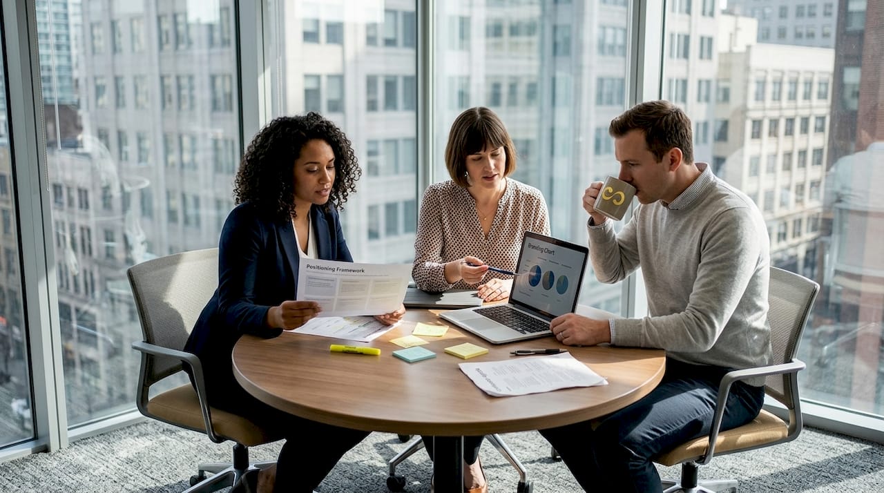 Team reviewing brand positioning documents in office