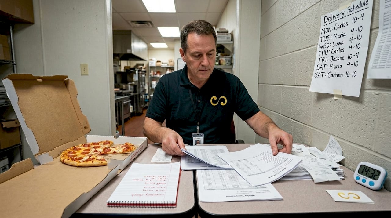 Pizza manager studies sales papers in back office