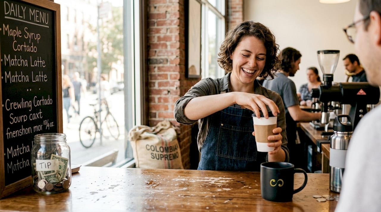 Friendly barista engaging café customer conversation