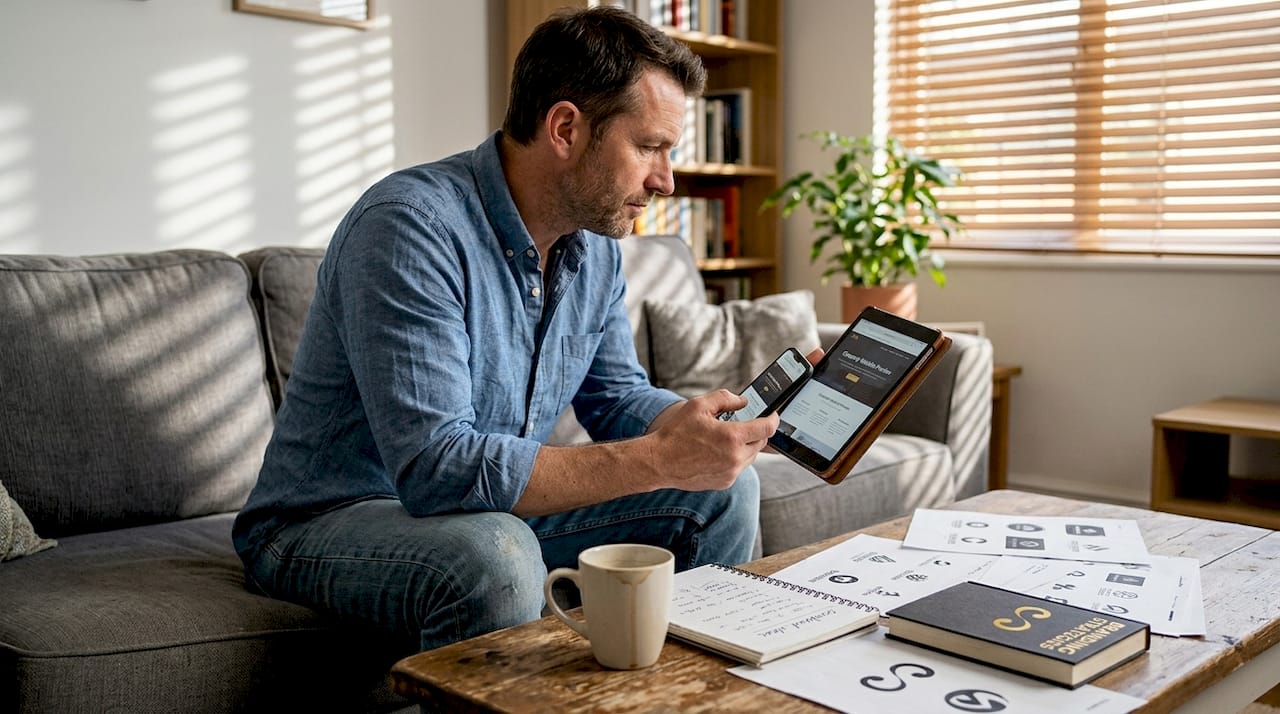 Business owner reviews digital brand consistency