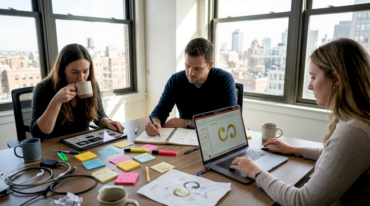 Business team reviewing brand concepts together