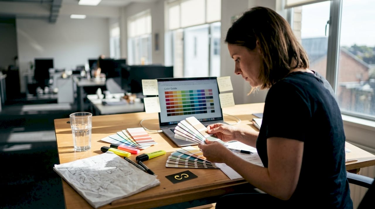Designer comparing color swatches at drafting table