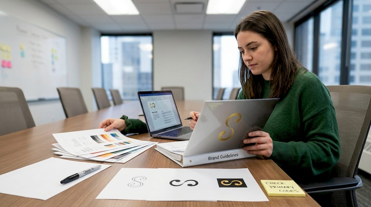 Brand manager reviewing printed color palette guide