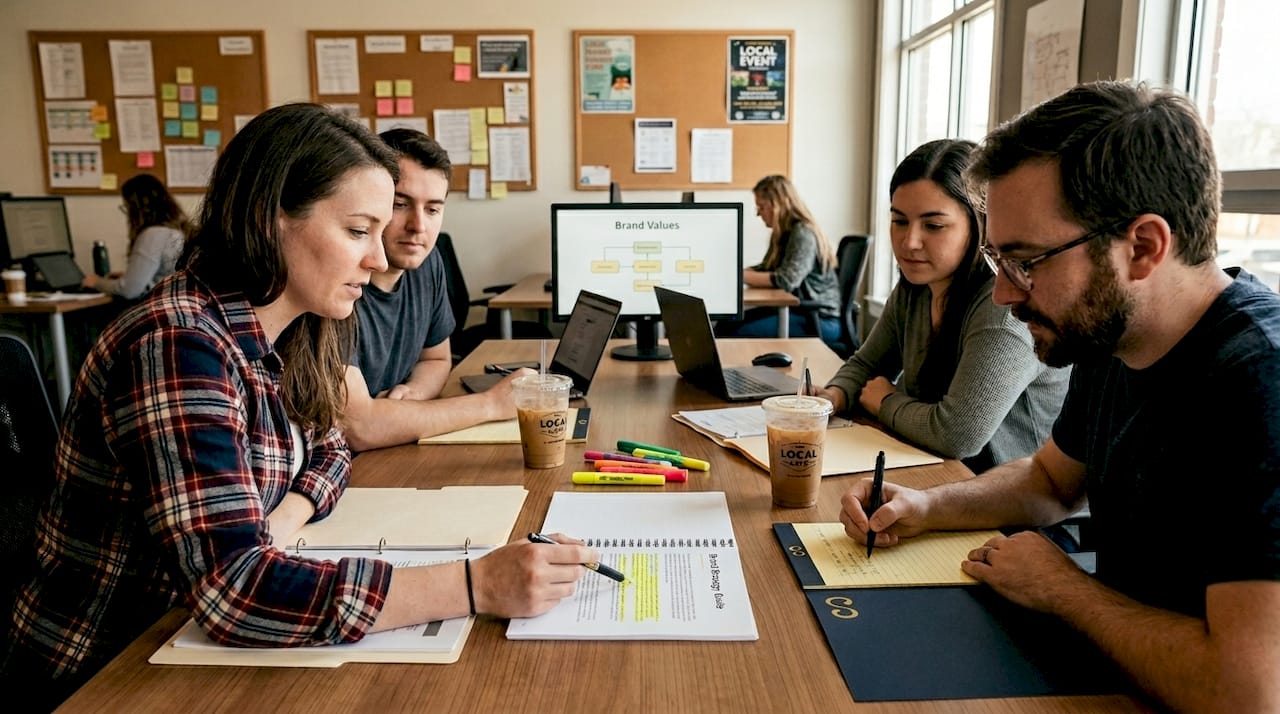 Team working through brand strategy guide