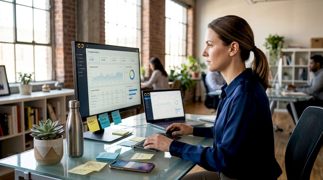 Digital marketer checking analytics at glass desk