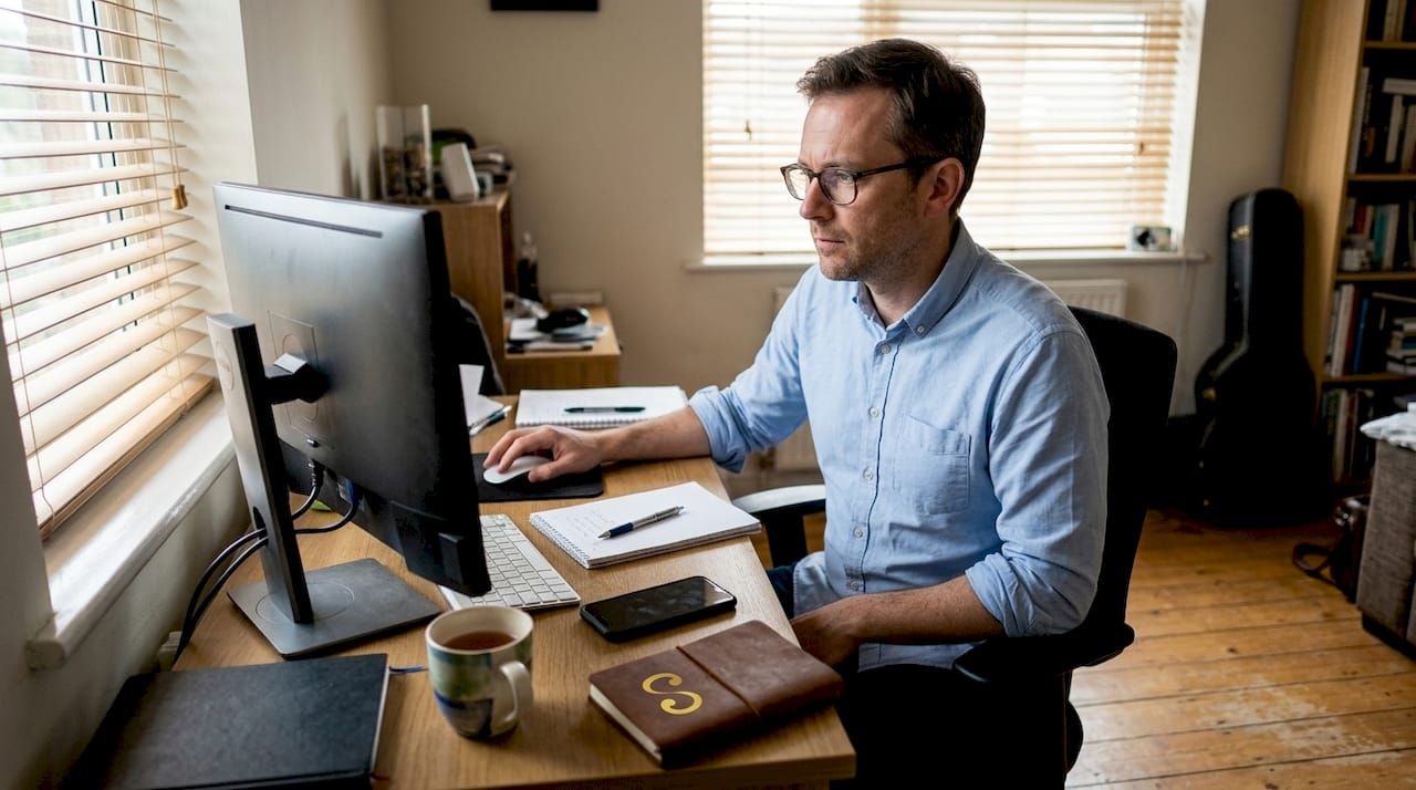 Man using marketing tools in home office