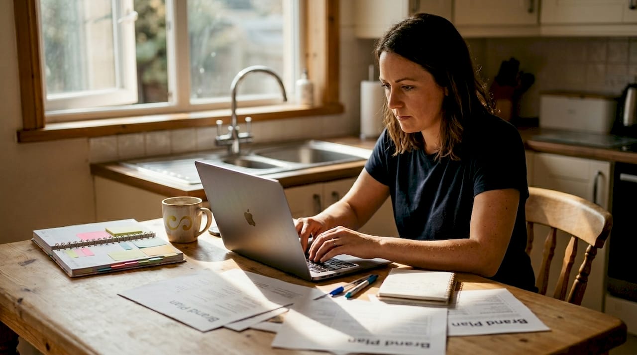 Small business owner working on digital marketing at kitchen table