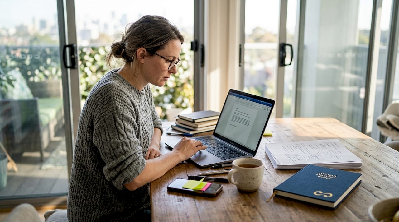 Woman working on content marketing at home
