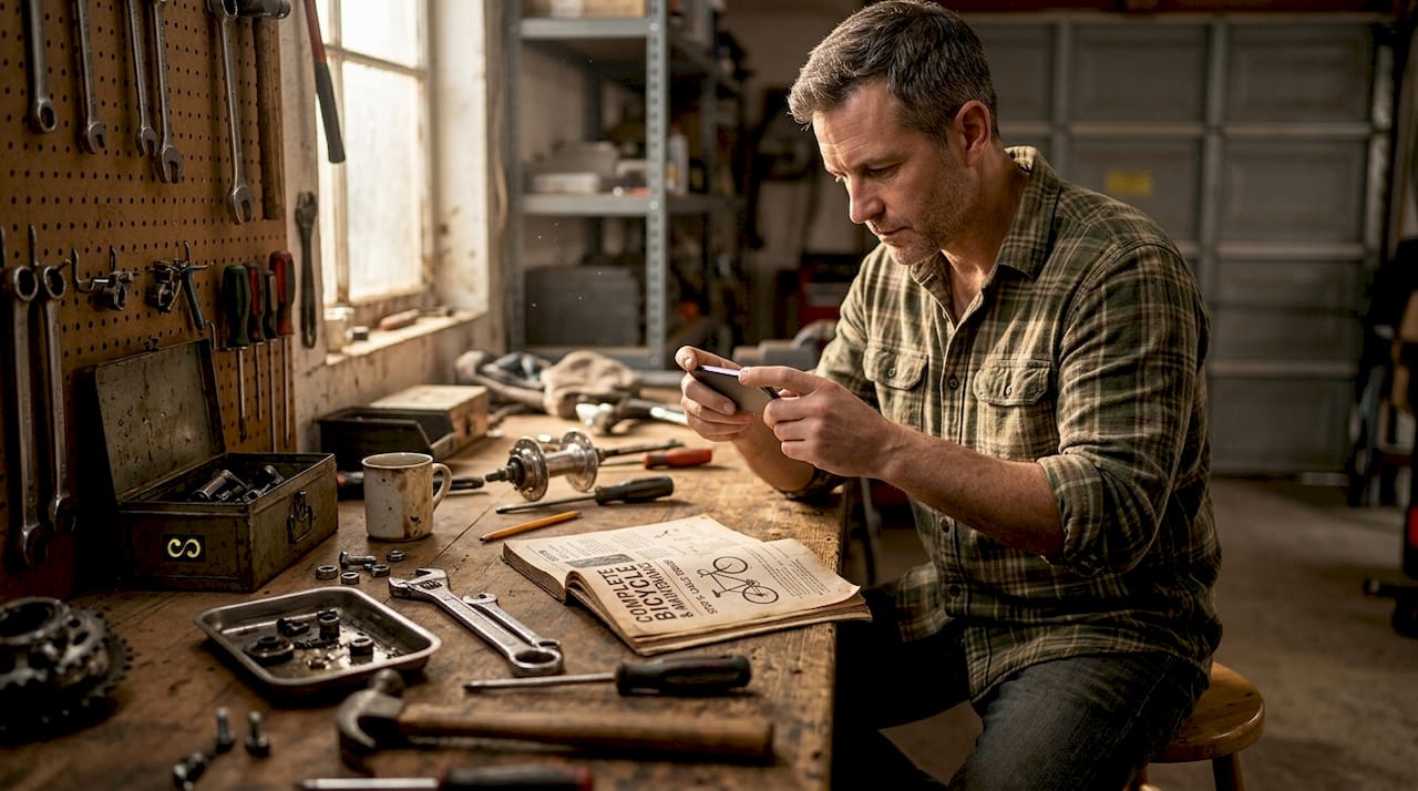Man capturing DIY guide in garage workspace