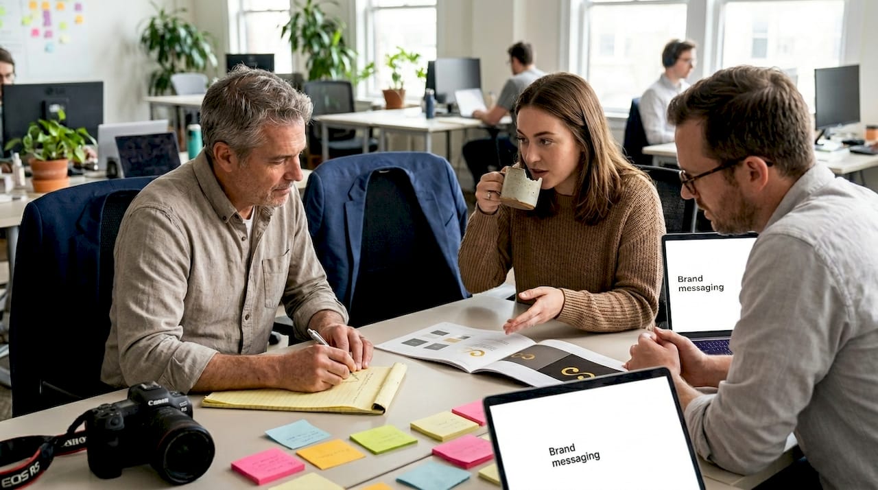 Team reviewing brand style guides together