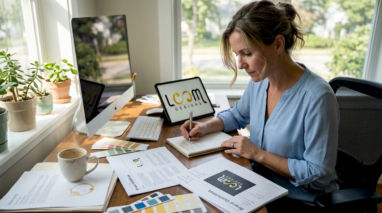 Business owner reviewing brand guidelines desk