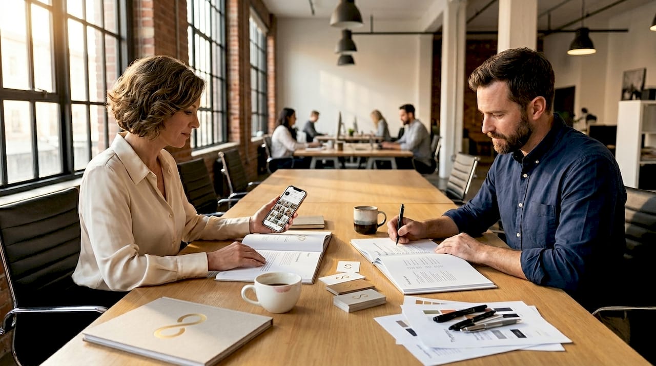 Team reviewing consistency in brand materials